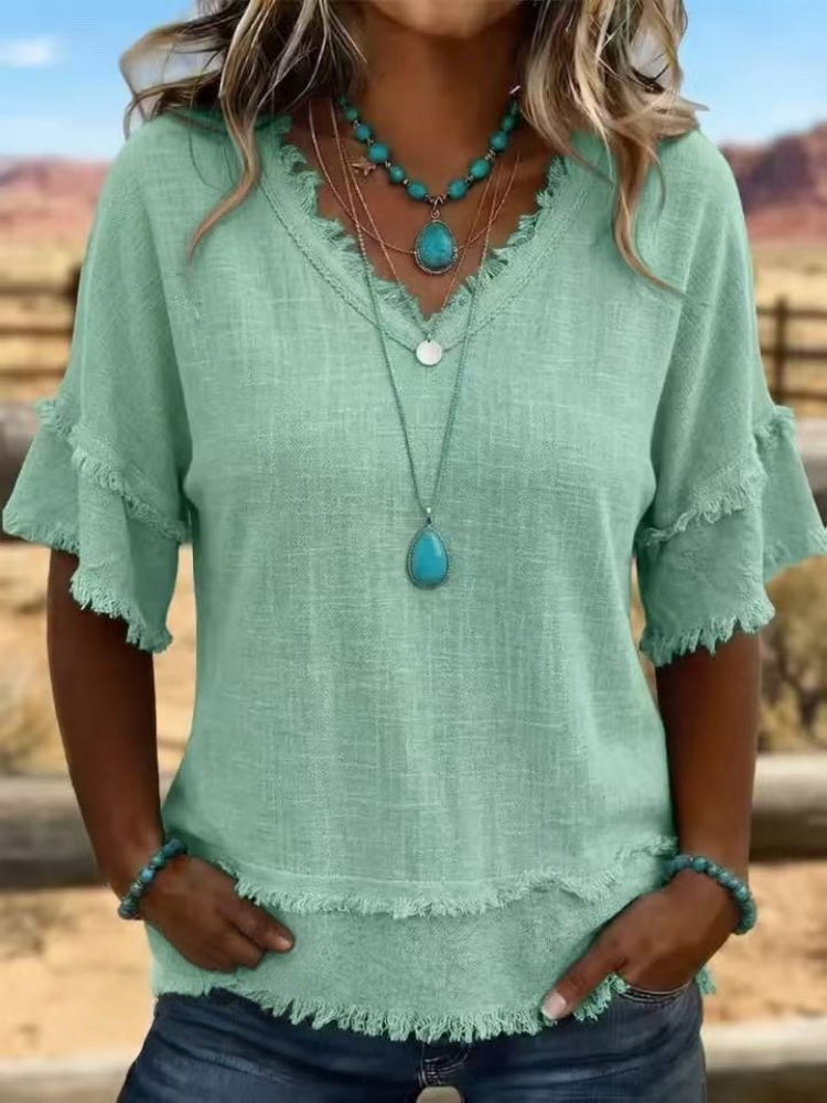 Sara | Vintage Frayed V-Neck Linen Top