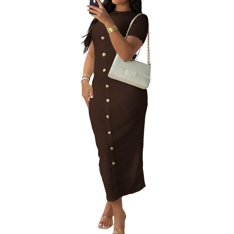 BRONWYN™ – Classic Zipper Back Dress with Faux Button Accent