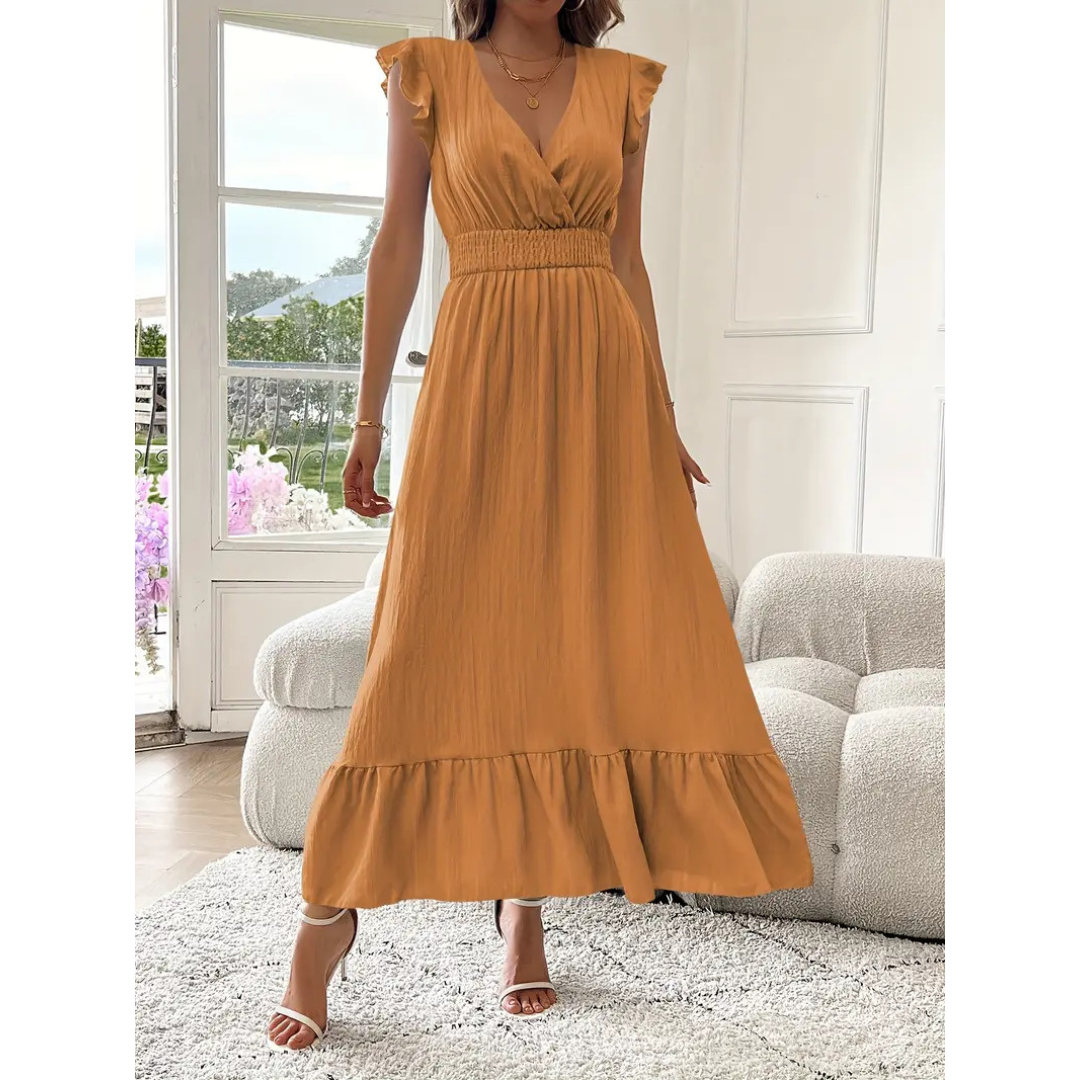 AVALERI | Elegant Shirred V-Neck Summer Maxi Dress