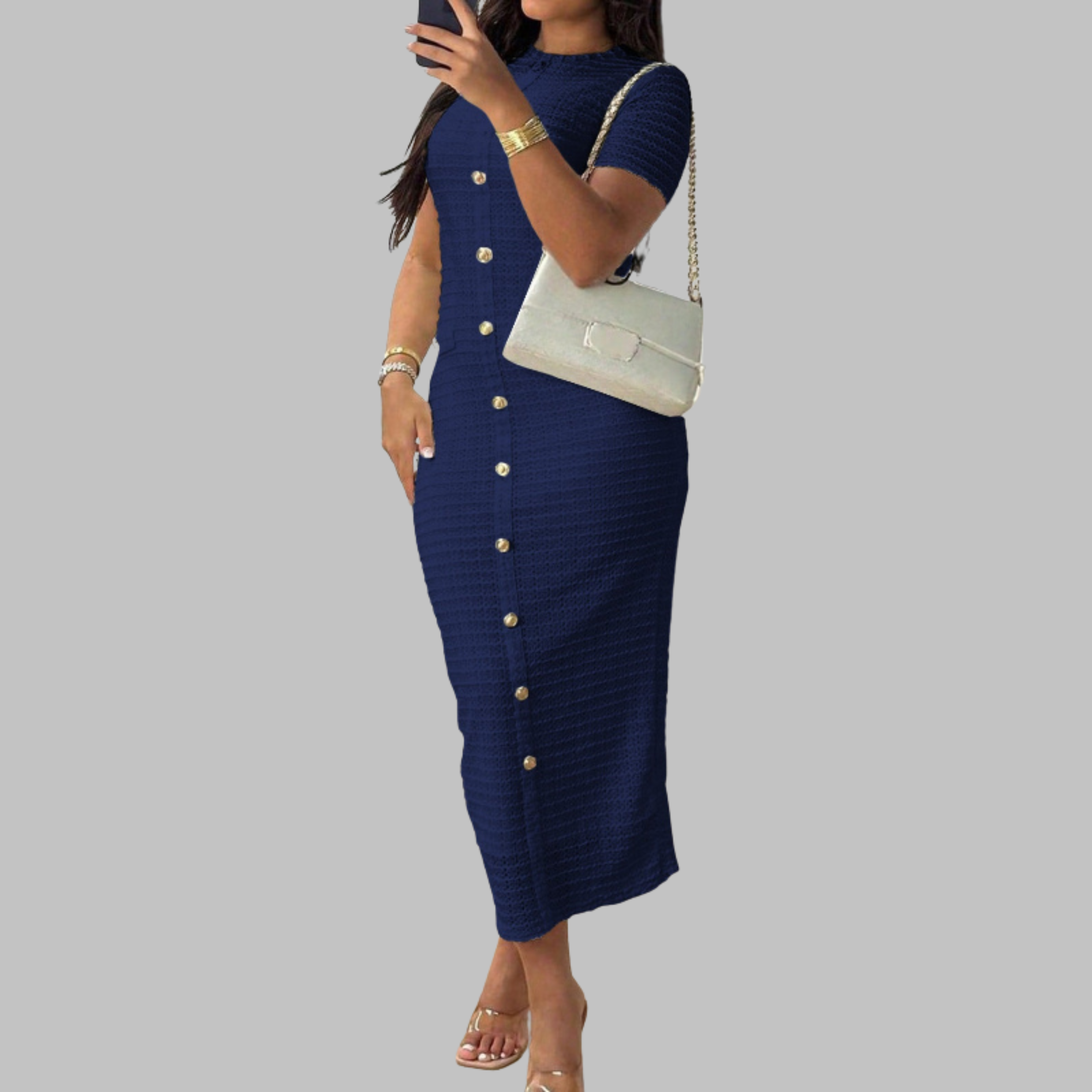 REGAN | Elegant Round Neck Fake Button Dress