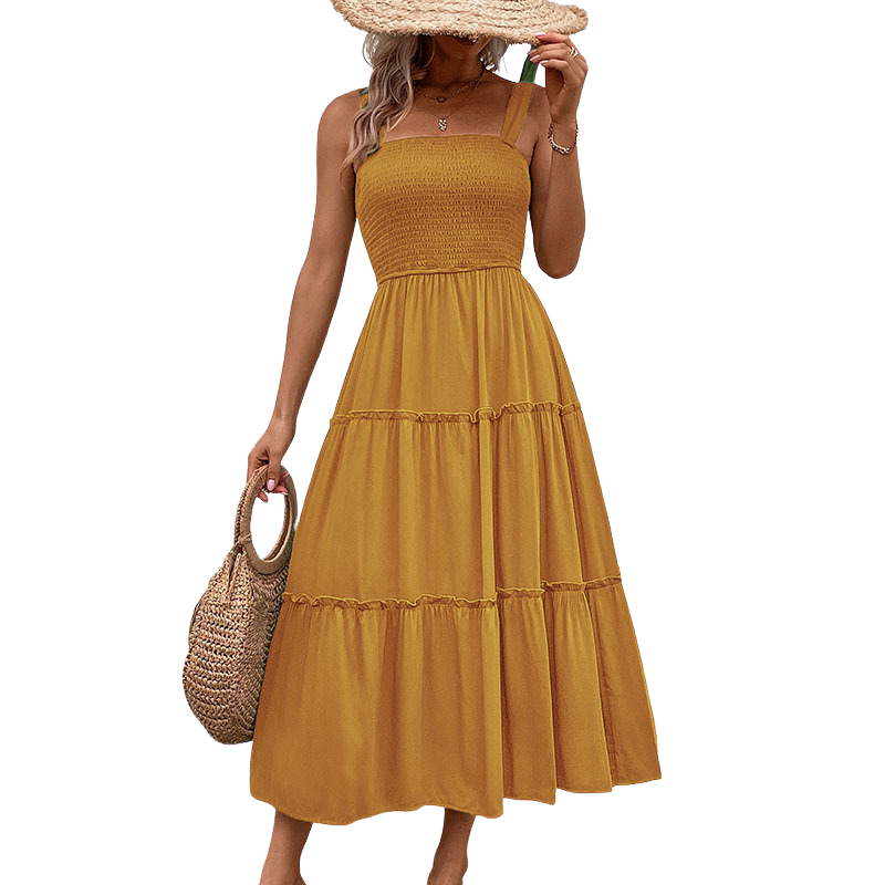 TESSIE™ – Casual Shirred Backless Sundress with Ruffle Hem