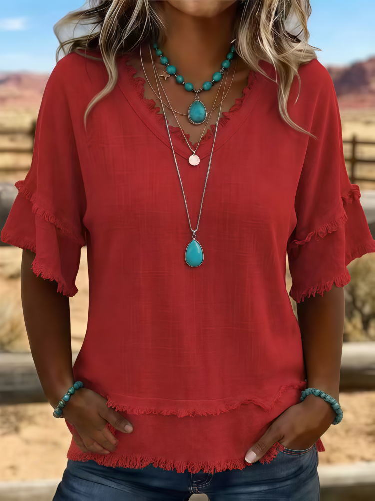 Sara | Vintage Frayed V-Neck Linen Top