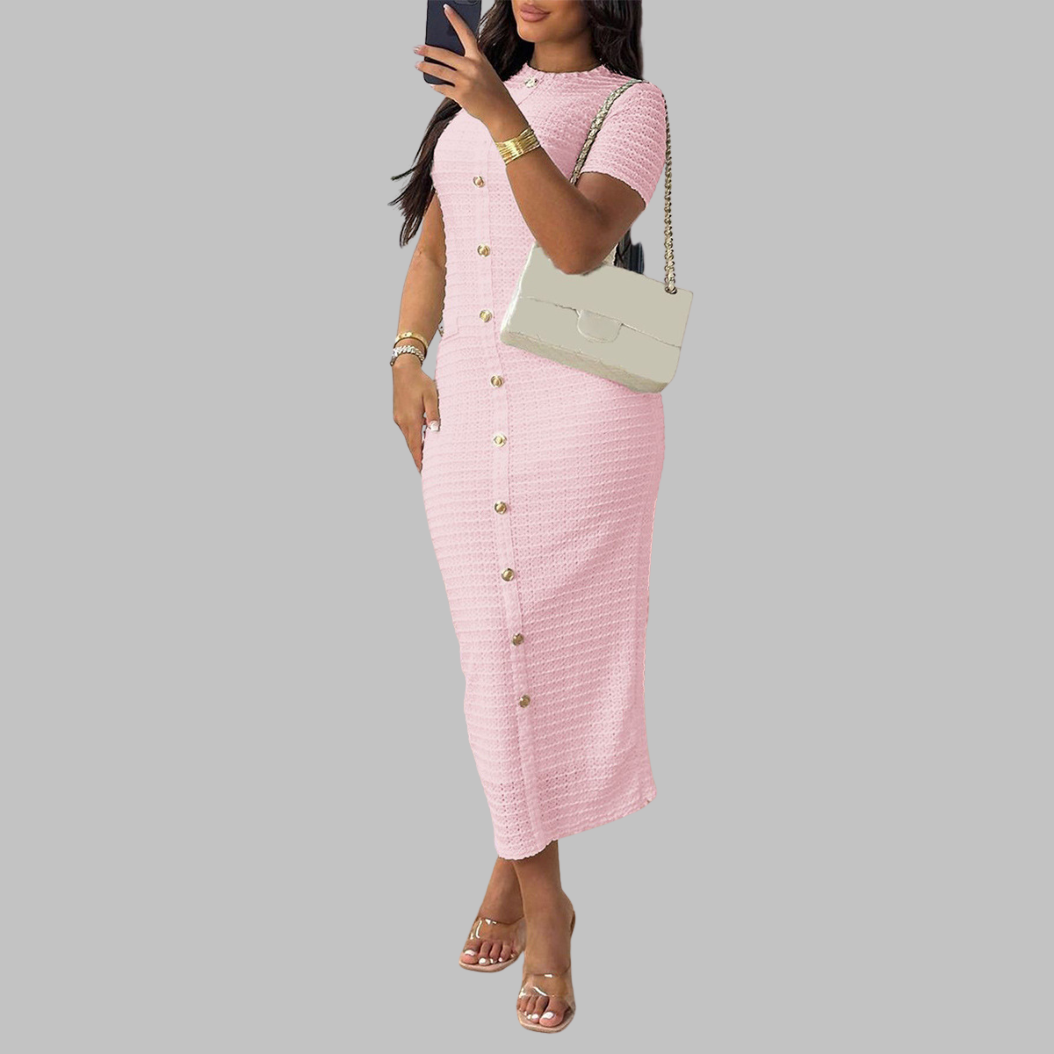 REGAN | Elegant Round Neck Fake Button Dress
