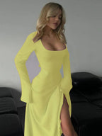ERIN™ - Sophisticated Lace-Up Tie Back Flounce Sleeve A-Line Long Dress