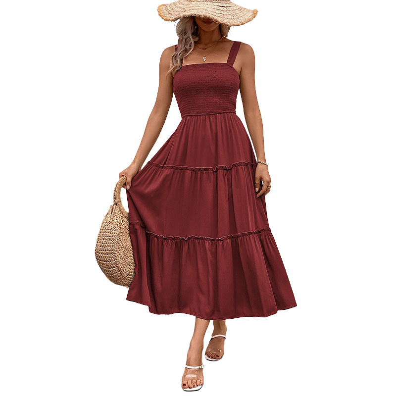 TESSIE™ – Casual Shirred Backless Sundress with Ruffle Hem