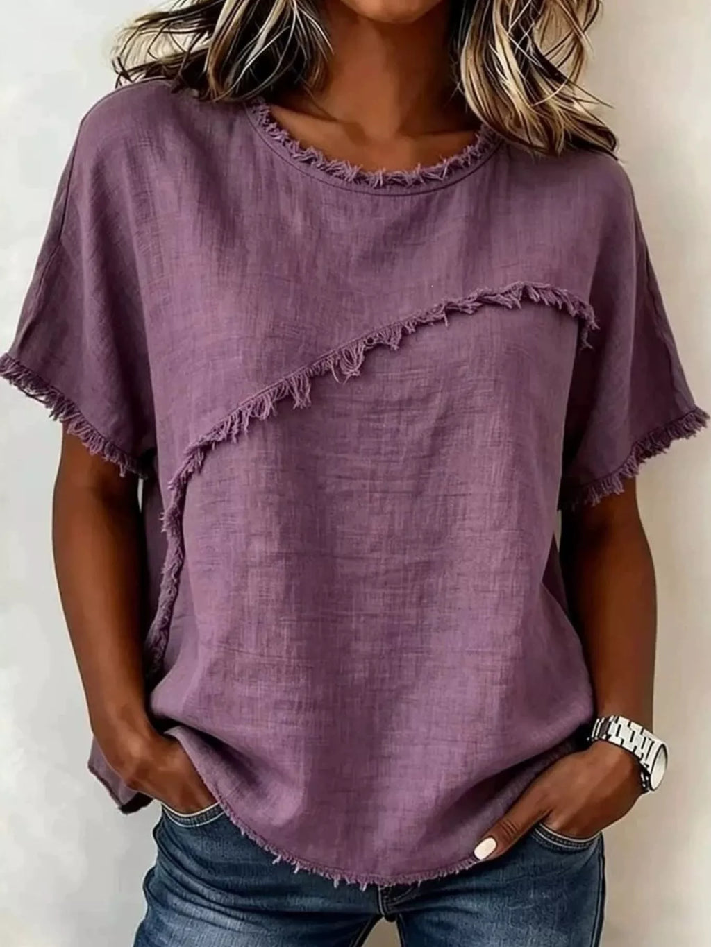 Debby | Frayed Hem Short Sleeve Top