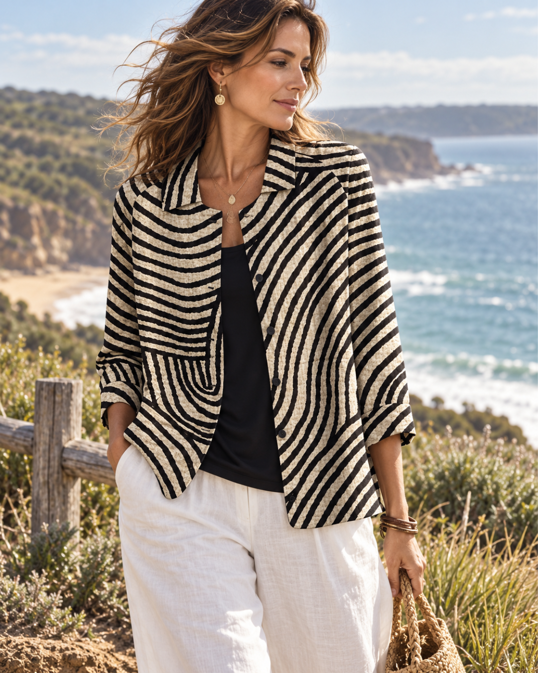 Elaine | Curved Stripe Relaxed Open Shirt