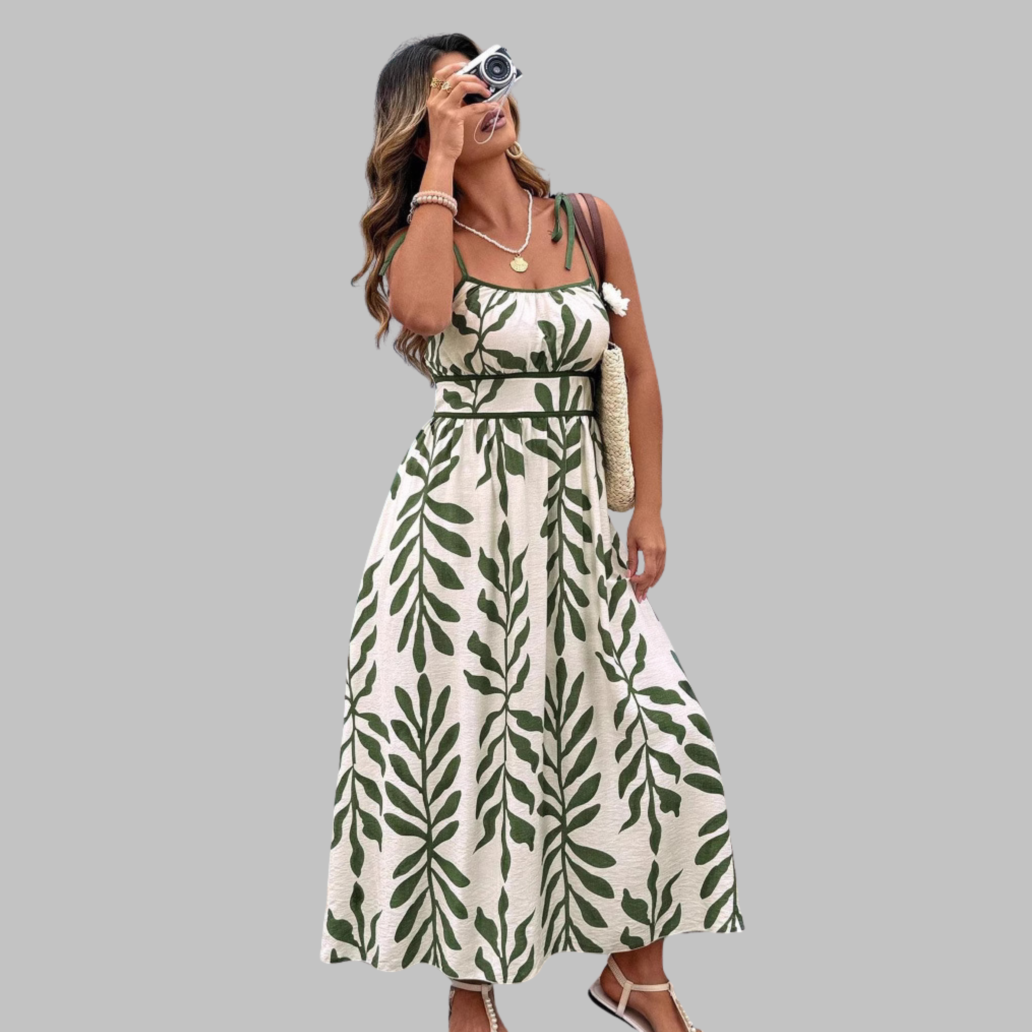 MEGAN - Casual Sleeveless Summer Leaf Print Maxi Dress