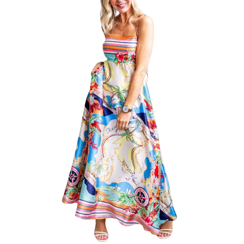 CLARIZ™ – Summer Cami Dress with Straps and Boho Print