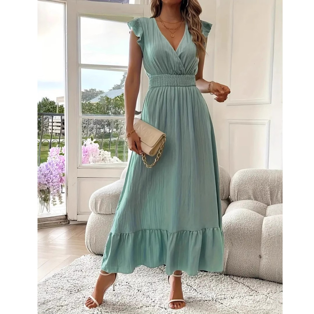 AVALERI | Elegant Shirred V-Neck Summer Maxi Dress