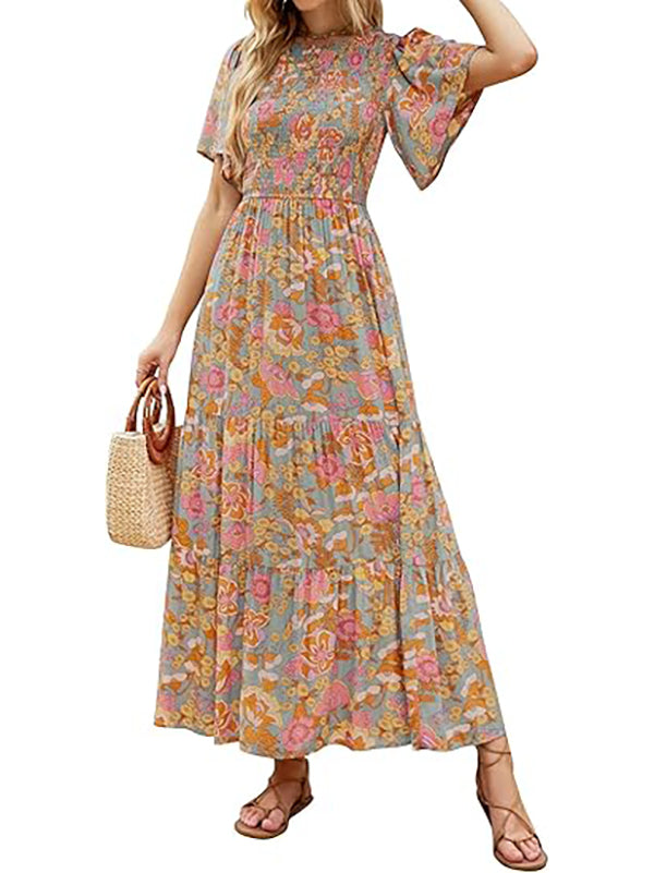 Women's Casual Floral Print Short Flutter Sleeve Smocked High Waist Flowy Maxi Dress