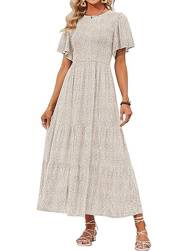 Women's Casual Floral Print Short Flutter Sleeve Smocked High Waist Flowy Maxi Dress