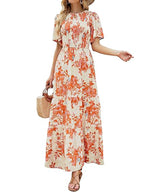 Women's Casual Floral Print Short Flutter Sleeve Smocked High Waist Flowy Maxi Dress