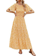 Women's Casual Floral Print Short Flutter Sleeve Smocked High Waist Flowy Maxi Dress