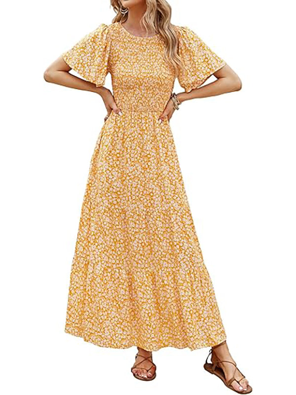 Women's Casual Floral Print Short Flutter Sleeve Smocked High Waist Flowy Maxi Dress