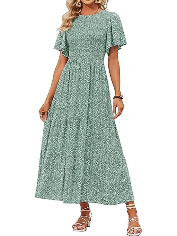 Women's Casual Floral Print Short Flutter Sleeve Smocked High Waist Flowy Maxi Dress