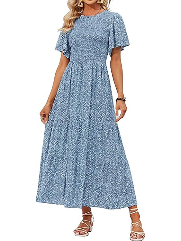 Women's Casual Floral Print Short Flutter Sleeve Smocked High Waist Flowy Maxi Dress