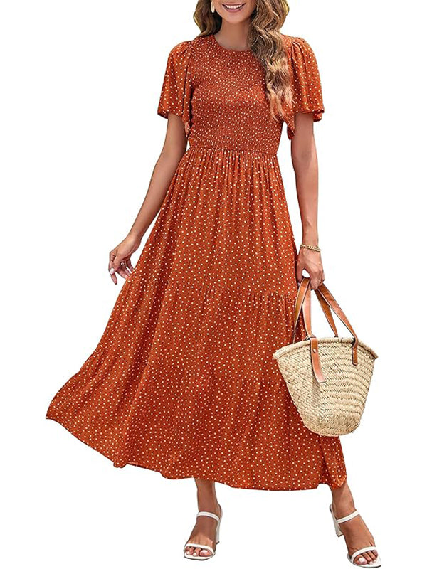 Women's Casual Floral Print Short Flutter Sleeve Smocked High Waist Flowy Maxi Dress