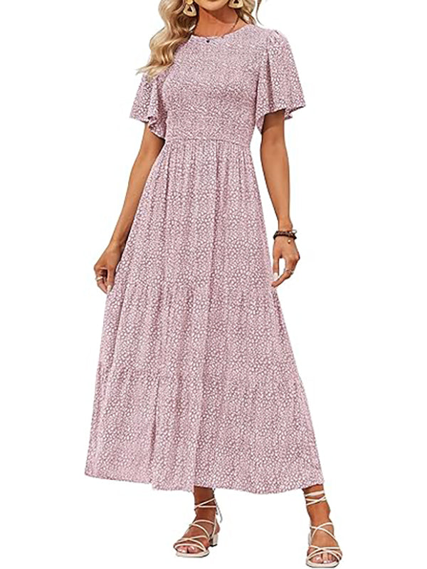 Women's Casual Floral Print Short Flutter Sleeve Smocked High Waist Flowy Maxi Dress