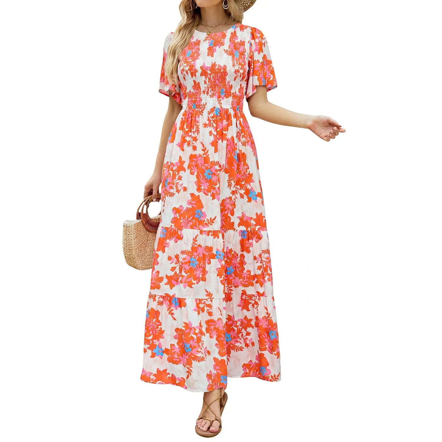 Women's Casual Floral Print Short Flutter Sleeve Smocked High Waist Flowy Maxi Dress