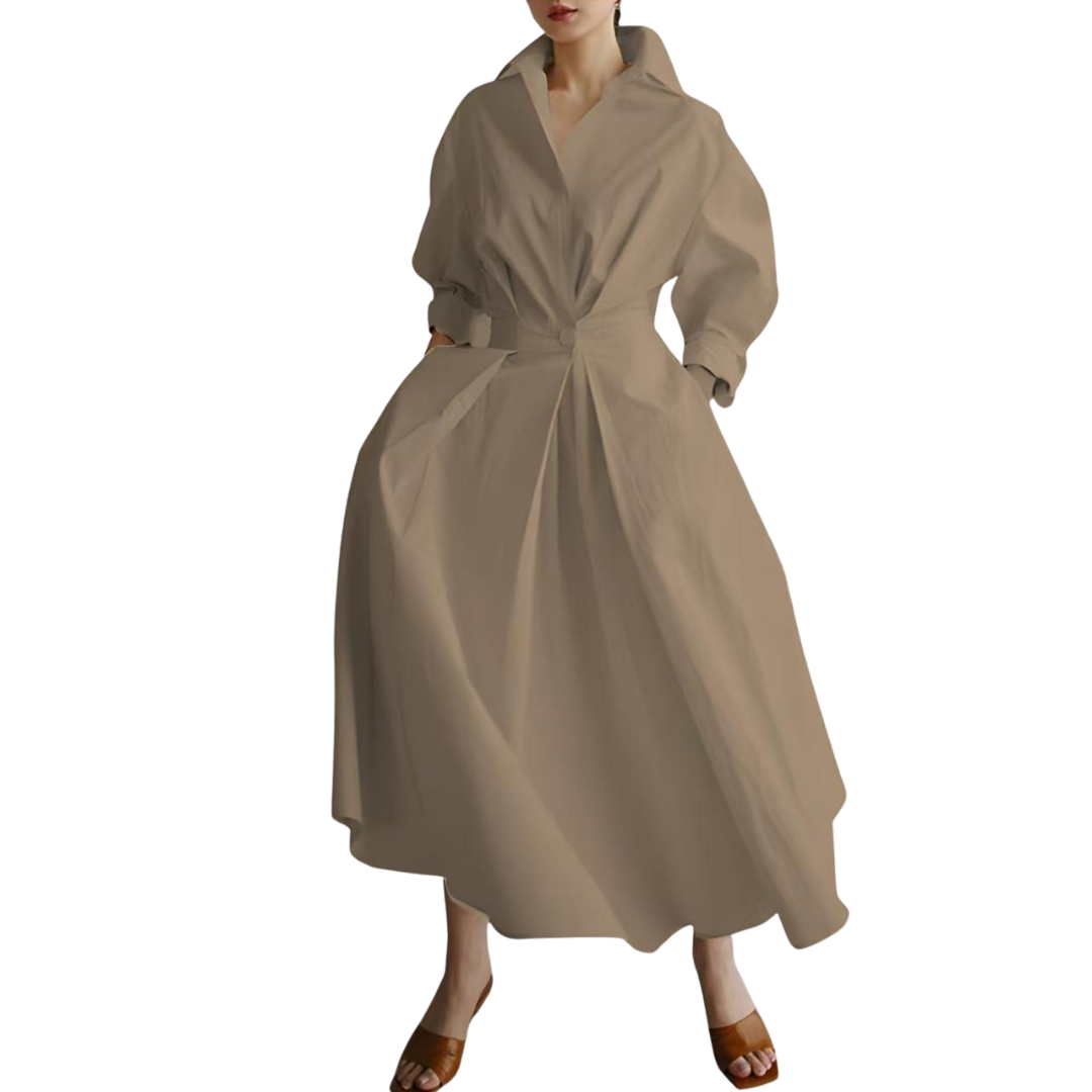 CASSIE | Women’s Plain Button Front Wrap A-Line Casual Collared Long Dress