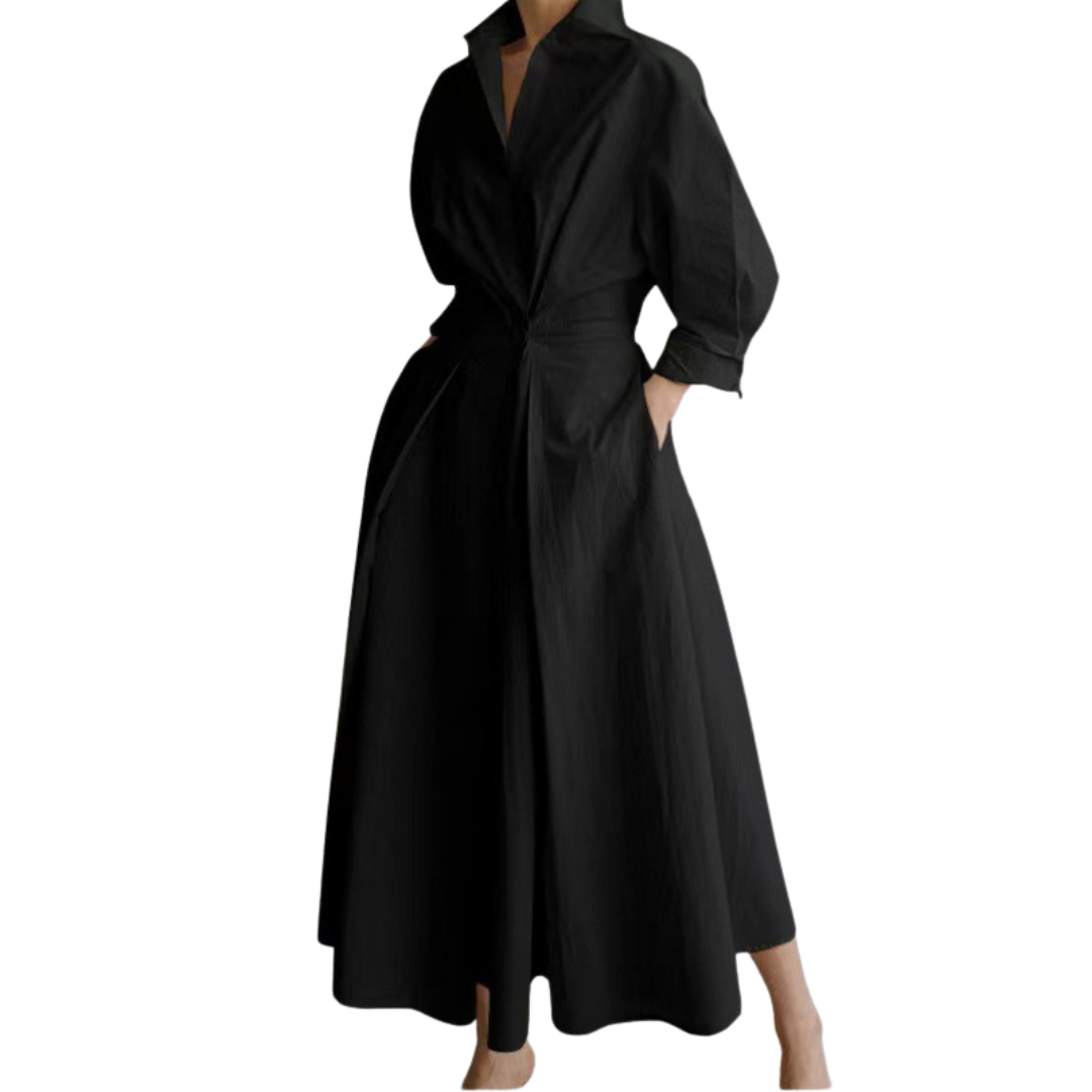 CASSIE | Women’s Plain Button Front Wrap A-Line Casual Collared Long Dress