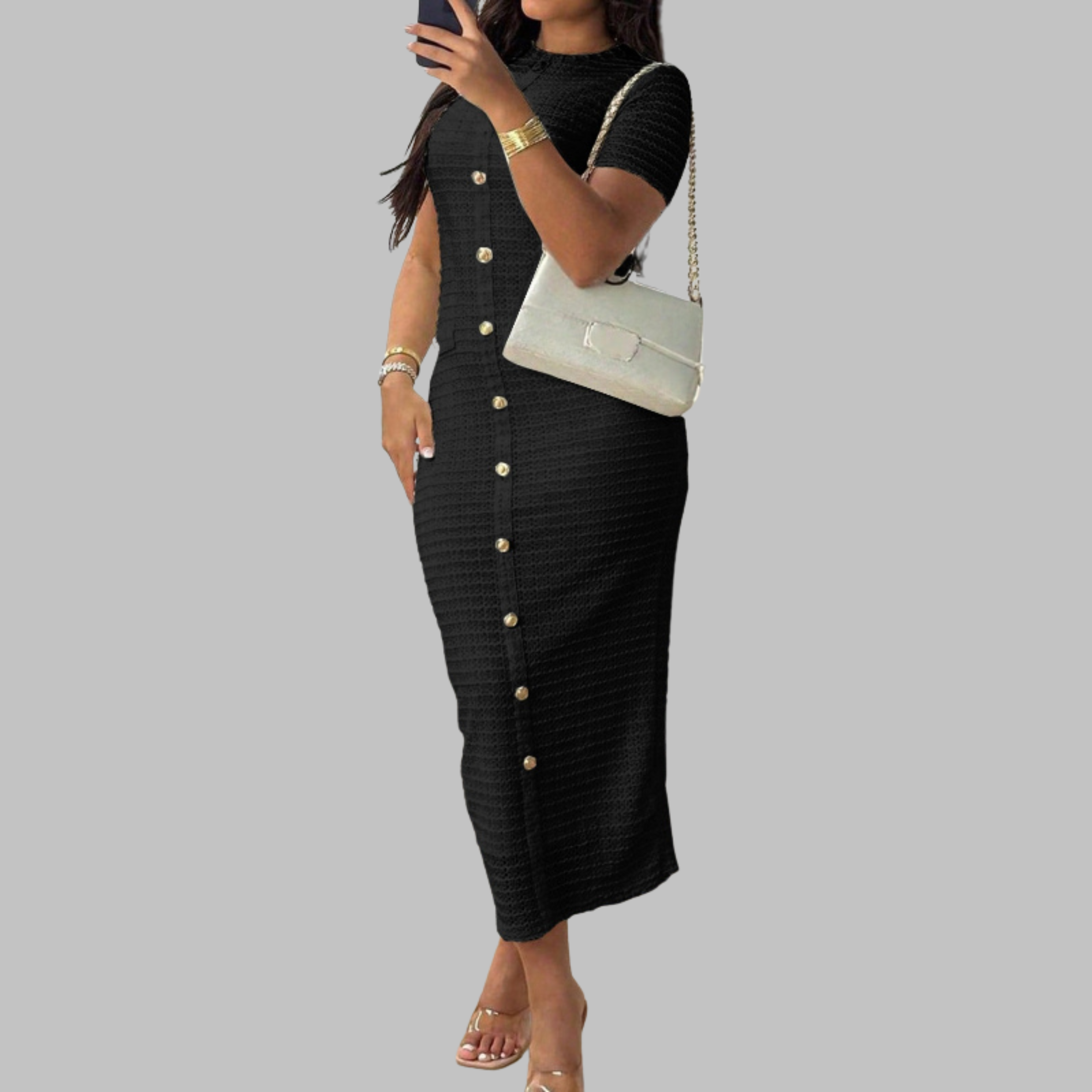 REGAN | Elegant Round Neck Fake Button Dress