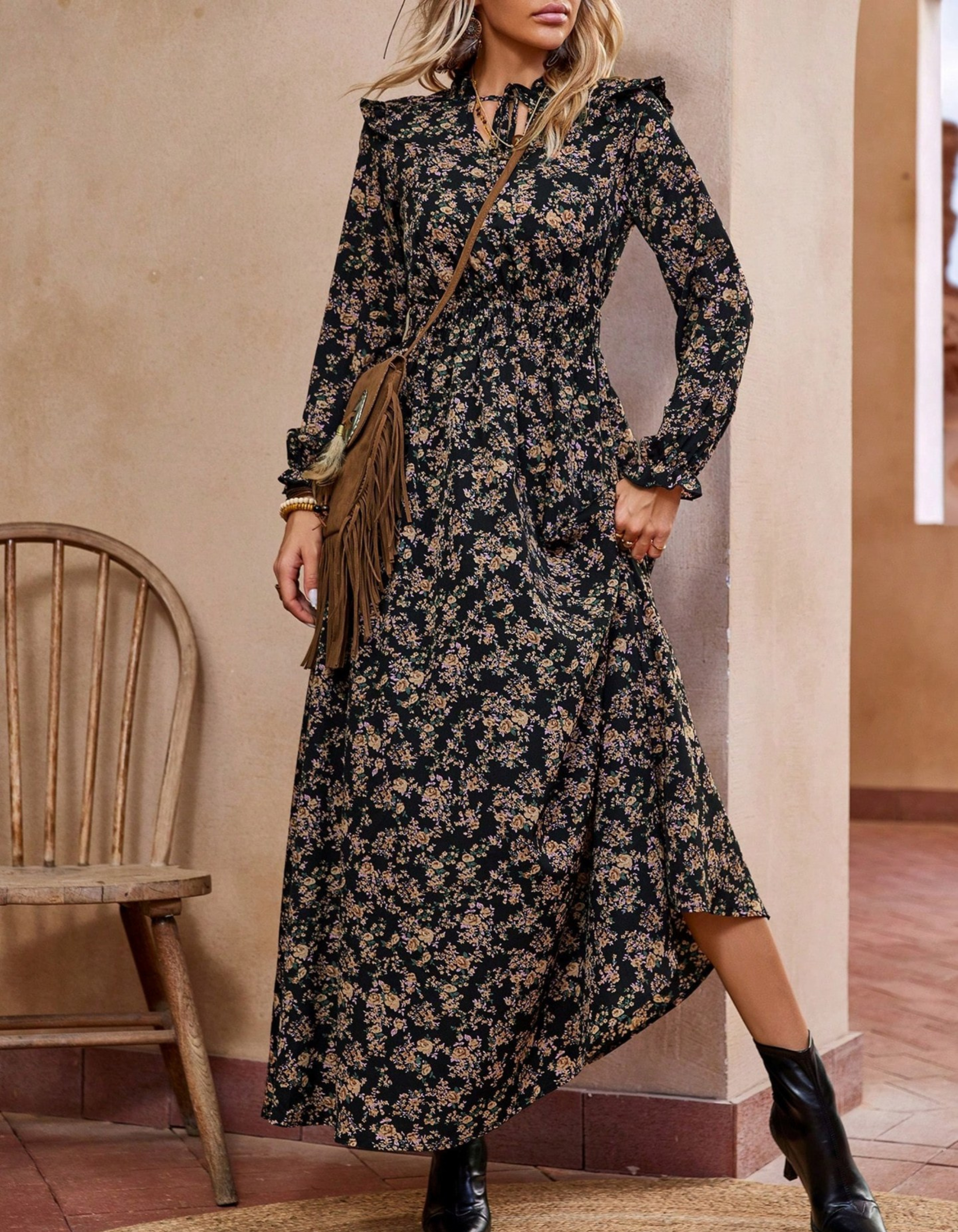 MORGAN | Elegant Long Sleeve Floral Print A-Line Dress