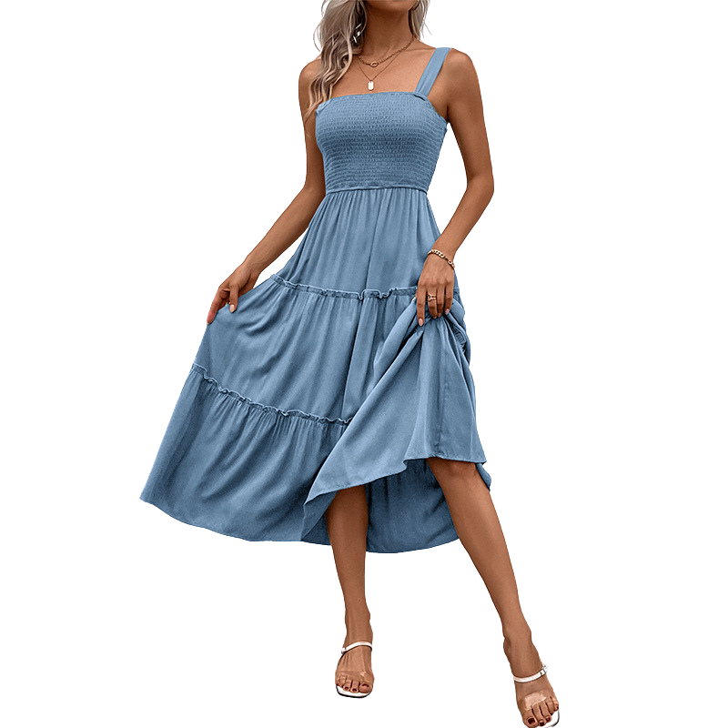 TESSIE™ – Casual Shirred Backless Sundress with Ruffle Hem