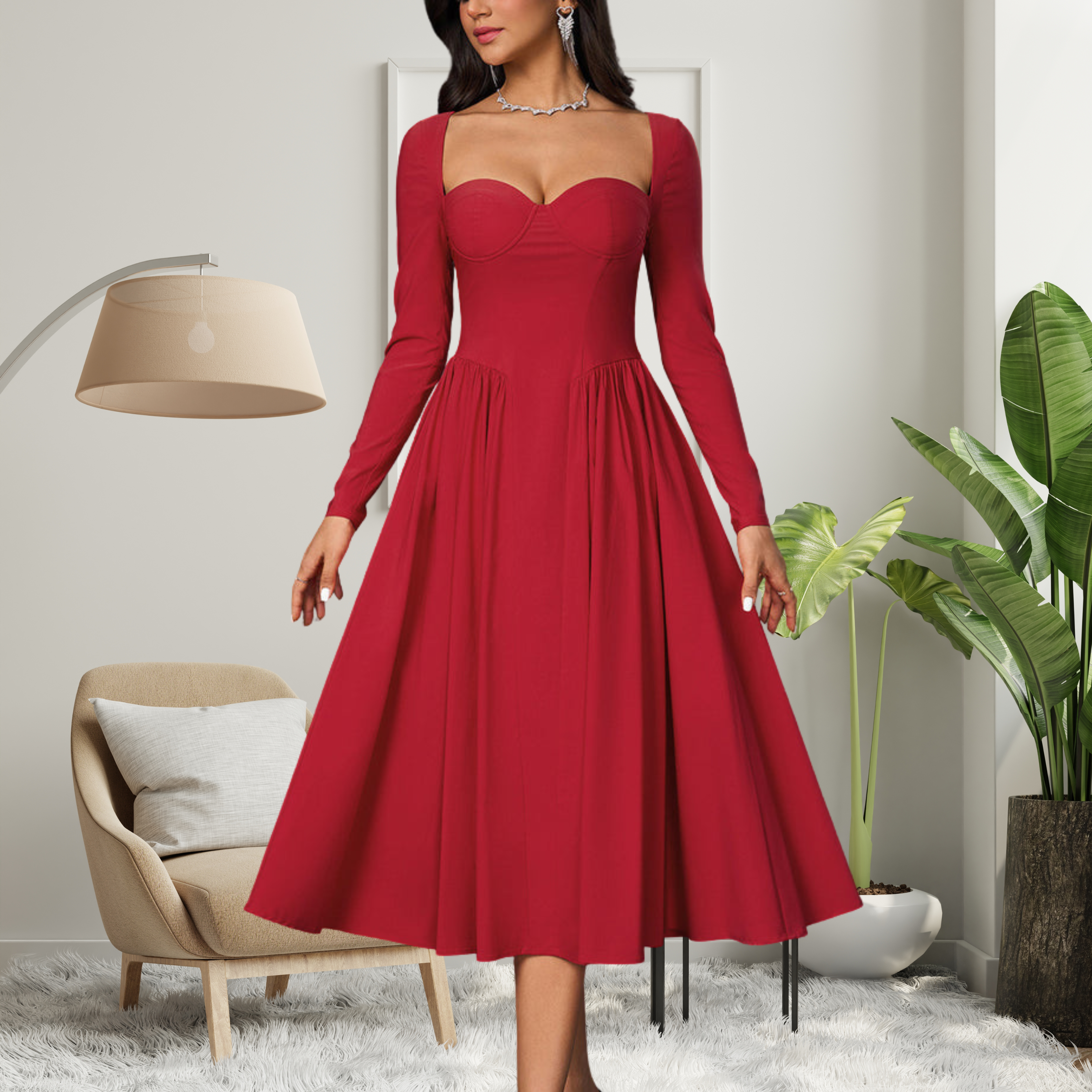 MICHELLE | Elegant Heart Neckline Long Sleeve A-Line Maxi Dress