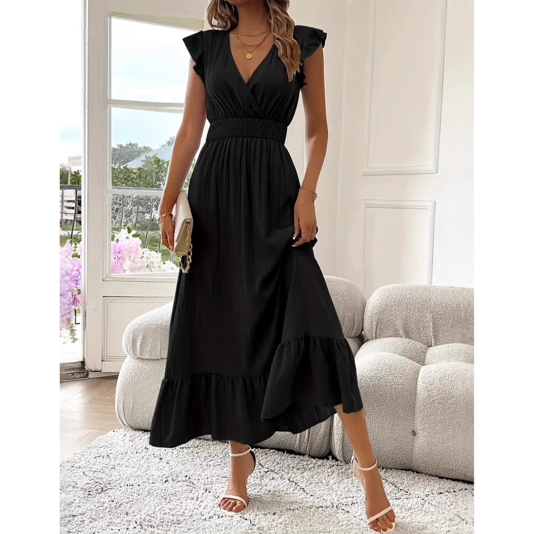 AVALERI | Elegant Shirred V-Neck Summer Maxi Dress