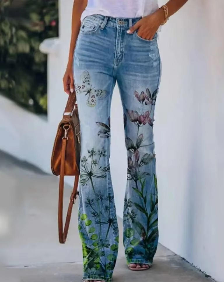Meadow | Women's Floral Print High Waist Flare Jeans