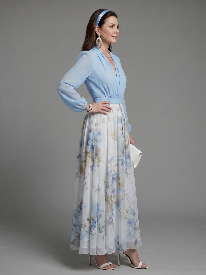 Augusta | V-Neck Sheer Bodice Floral Maxi Dress