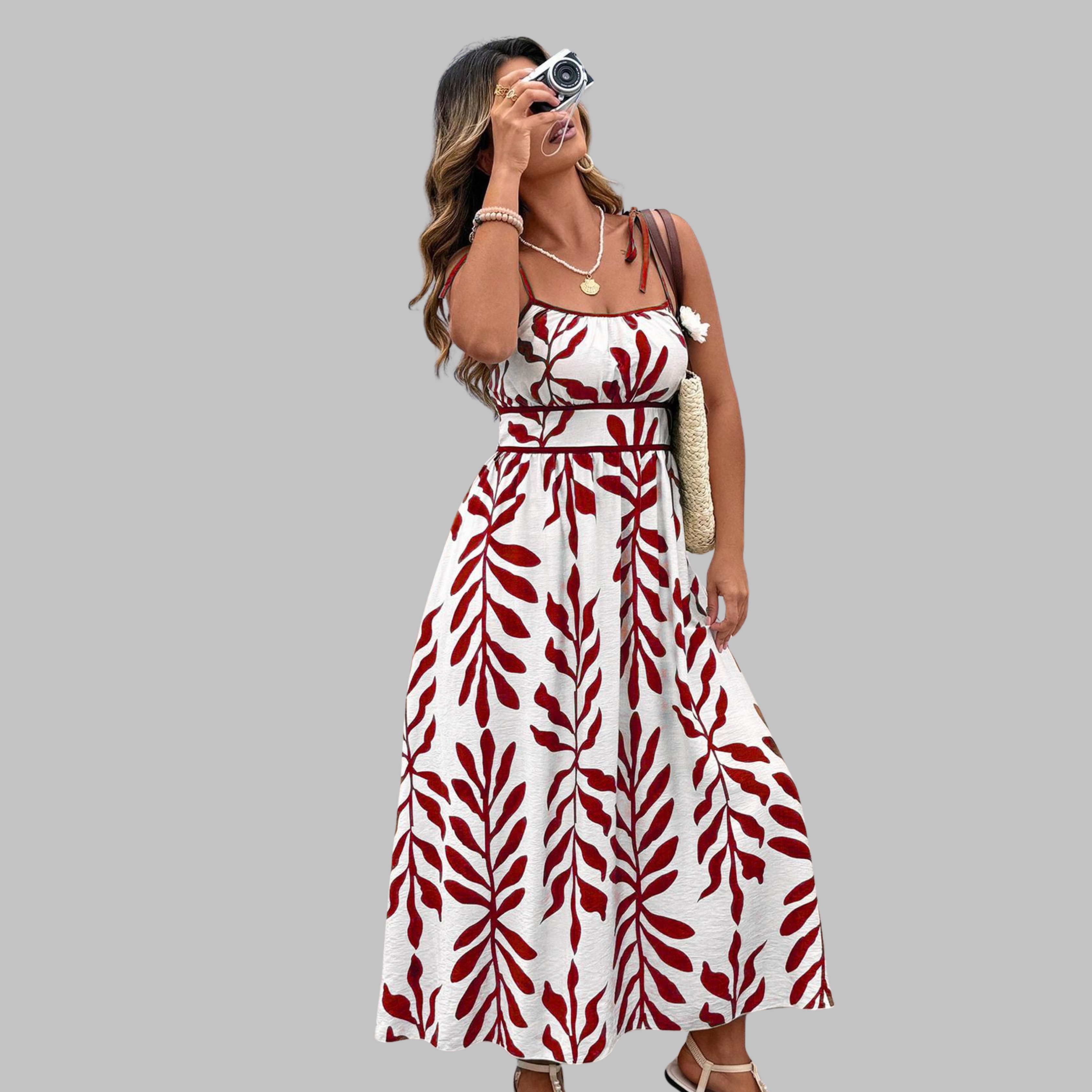 MEGAN - Casual Sleeveless Summer Leaf Print Maxi Dress