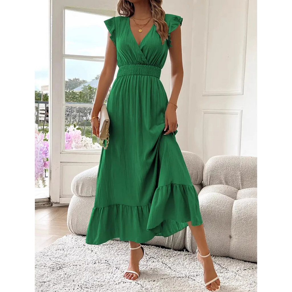 AVALERI | Elegant Shirred V-Neck Summer Maxi Dress