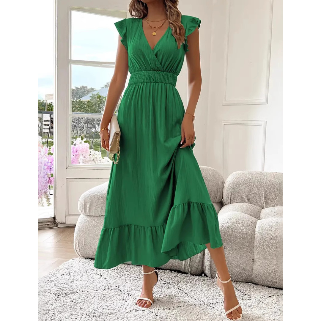 AVALERI | Elegant Shirred V-Neck Summer Maxi Dress