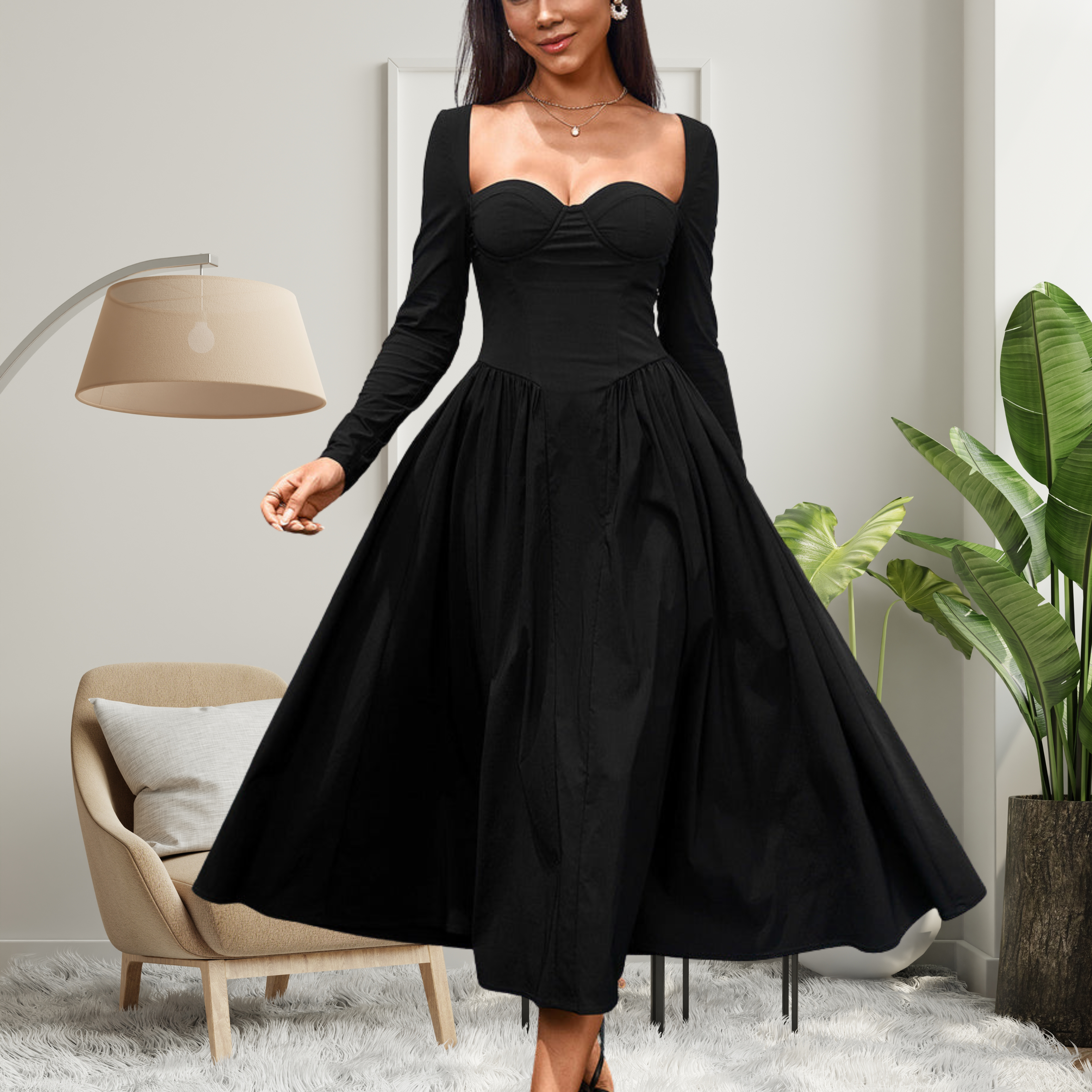 MICHELLE | Elegant Heart Neckline Long Sleeve A-Line Maxi Dress