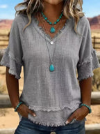 Sara | Vintage Frayed V-Neck Linen Top