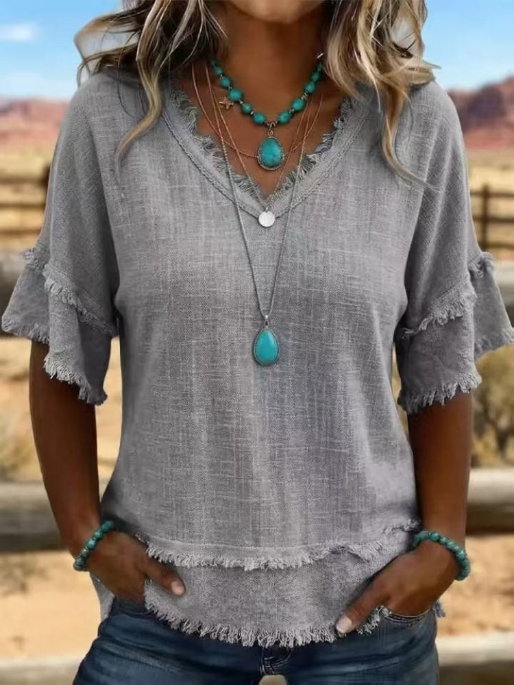 Sara | Vintage Frayed V-Neck Linen Top