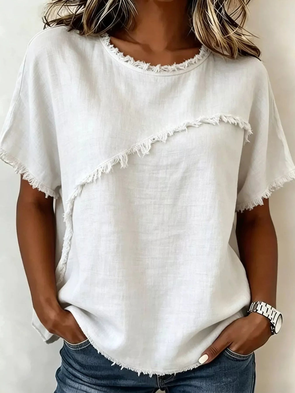 Debby | Frayed Hem Short Sleeve Top