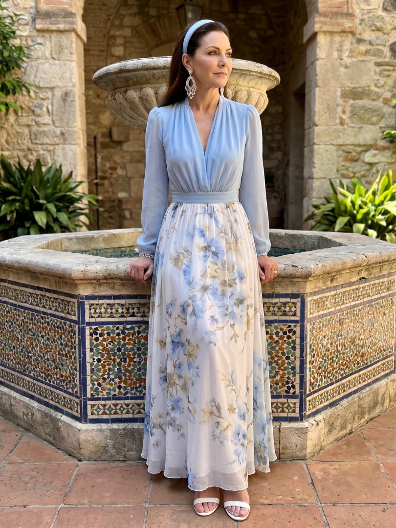 Augusta | V-Neck Sheer Bodice Floral Maxi Dress