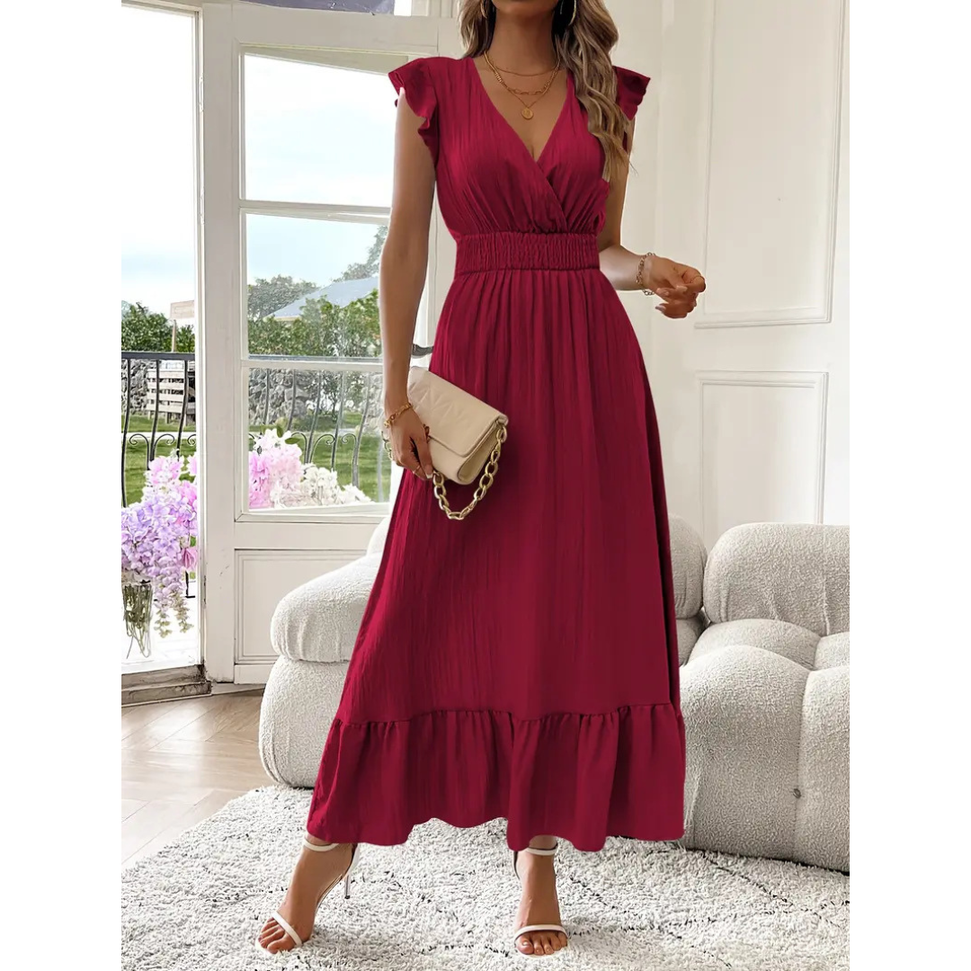 AVALERI | Elegant Shirred V-Neck Summer Maxi Dress