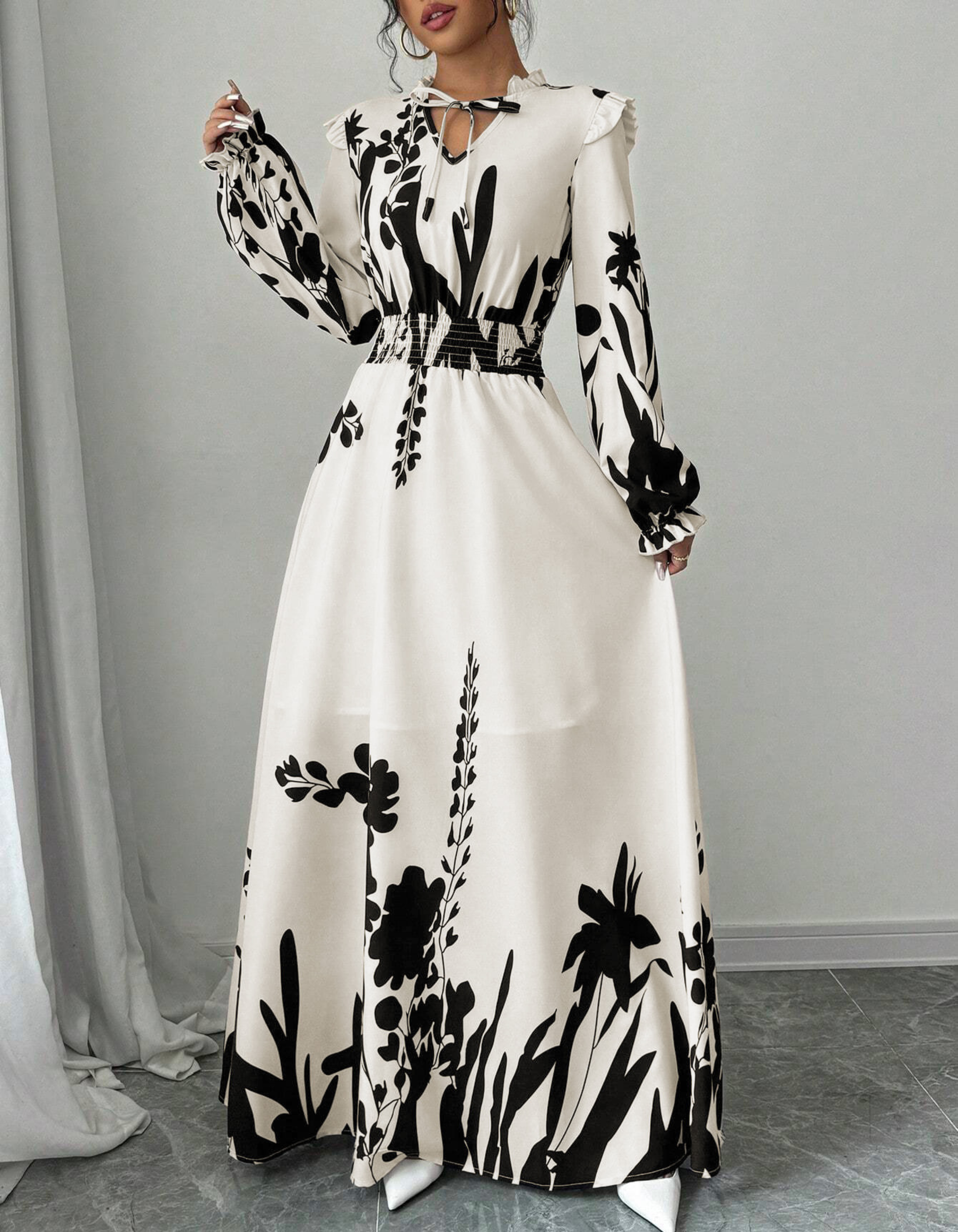 MORGAN | Elegant Long Sleeve Floral Print A-Line Dress