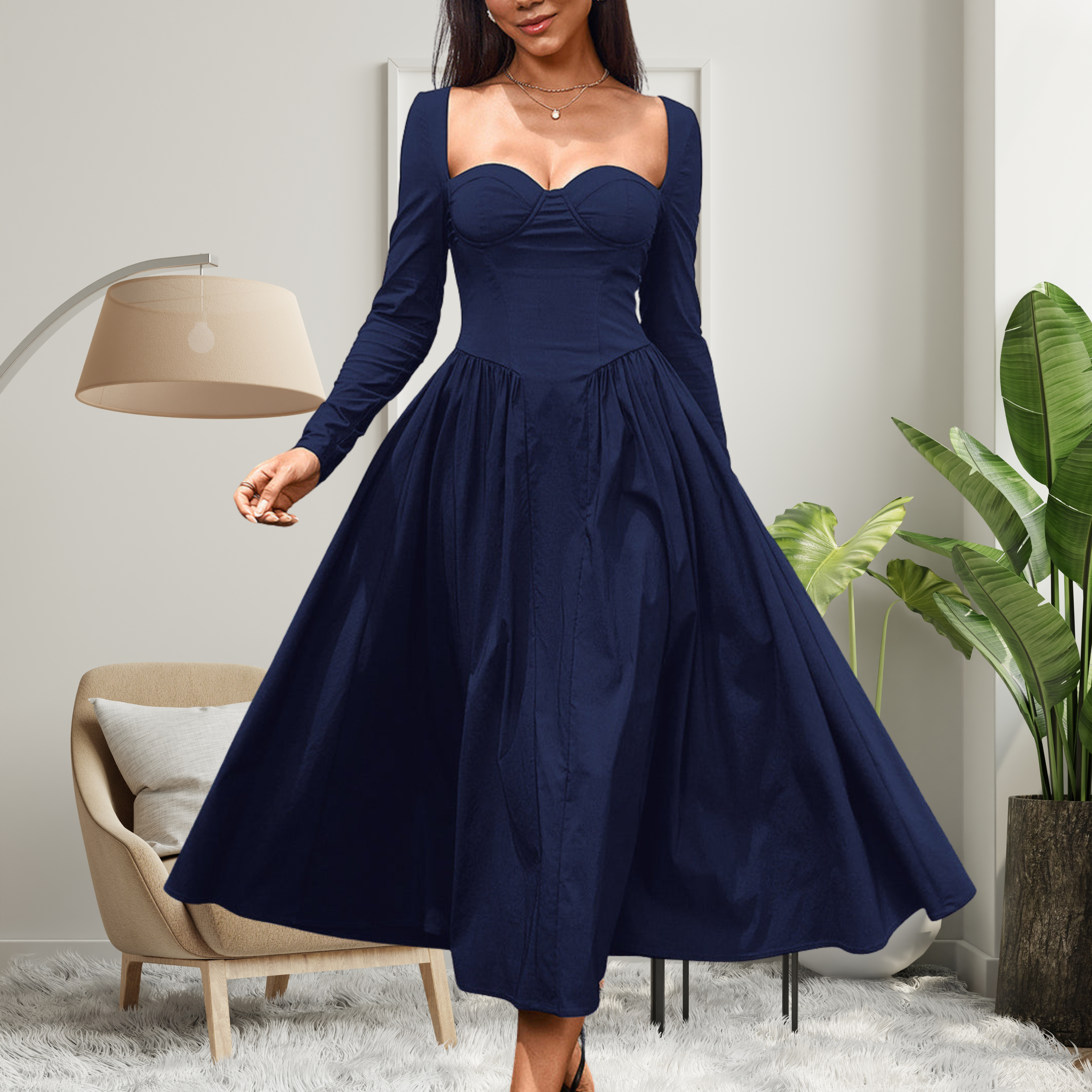 MICHELLE | Elegant Heart Neckline Long Sleeve A-Line Maxi Dress