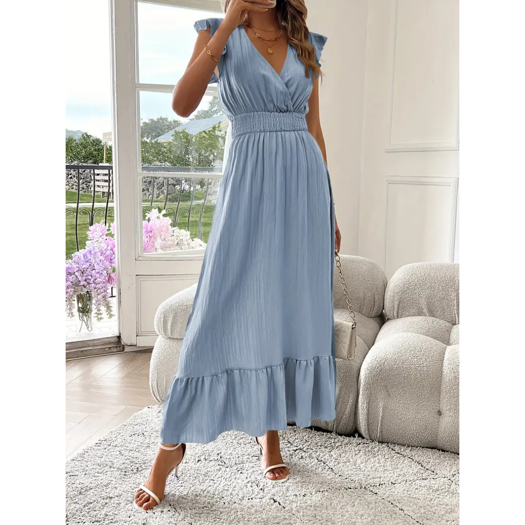 AVALERI | Elegant Shirred V-Neck Summer Maxi Dress