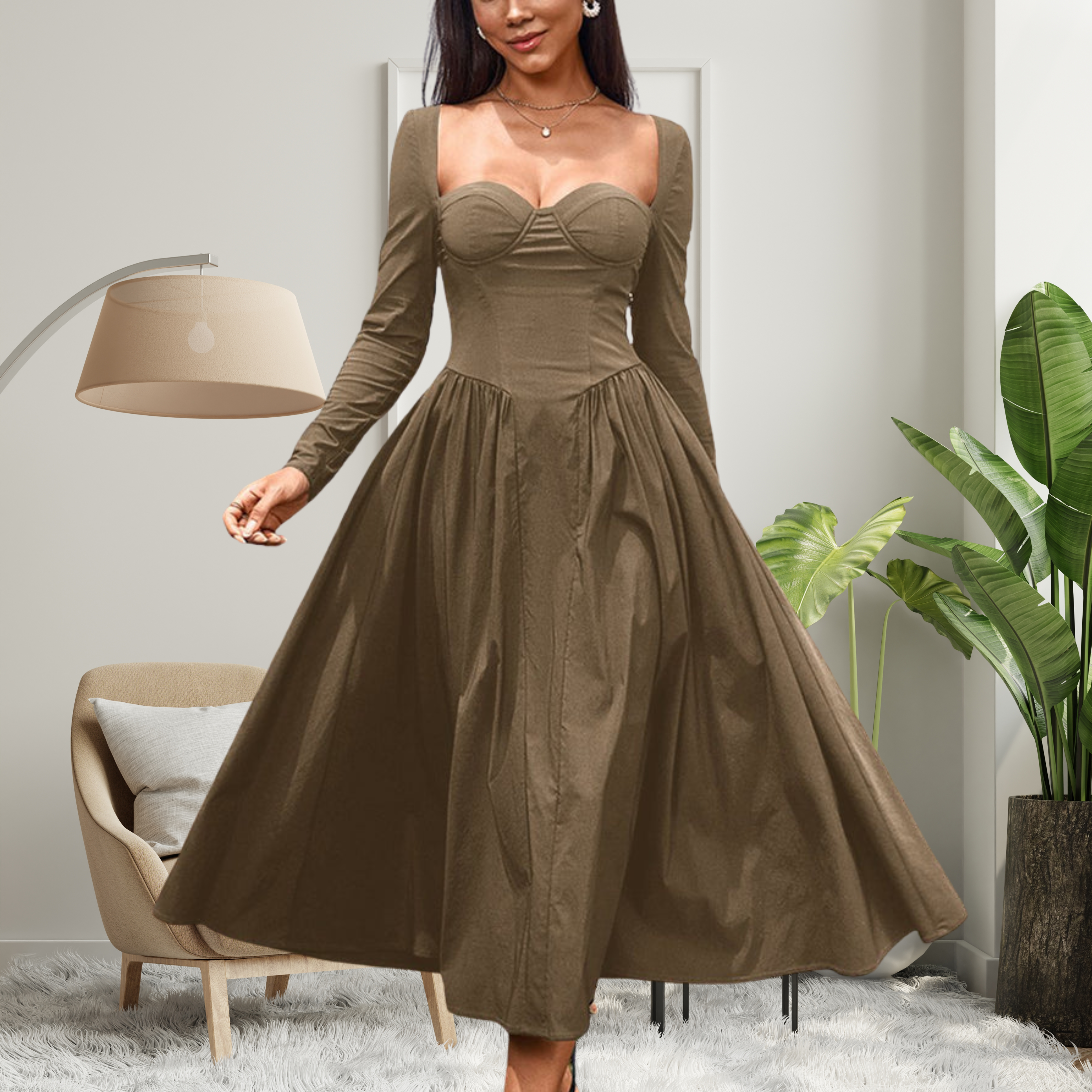MICHELLE | Elegant Heart Neckline Long Sleeve A-Line Maxi Dress
