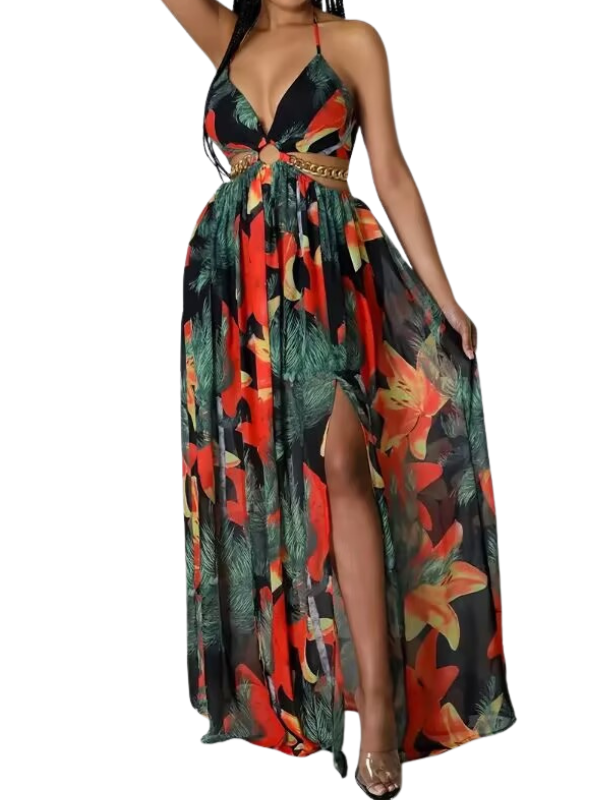 SACHA | Floral Print Chain Decor Split Thigh Cami Maxi Dress