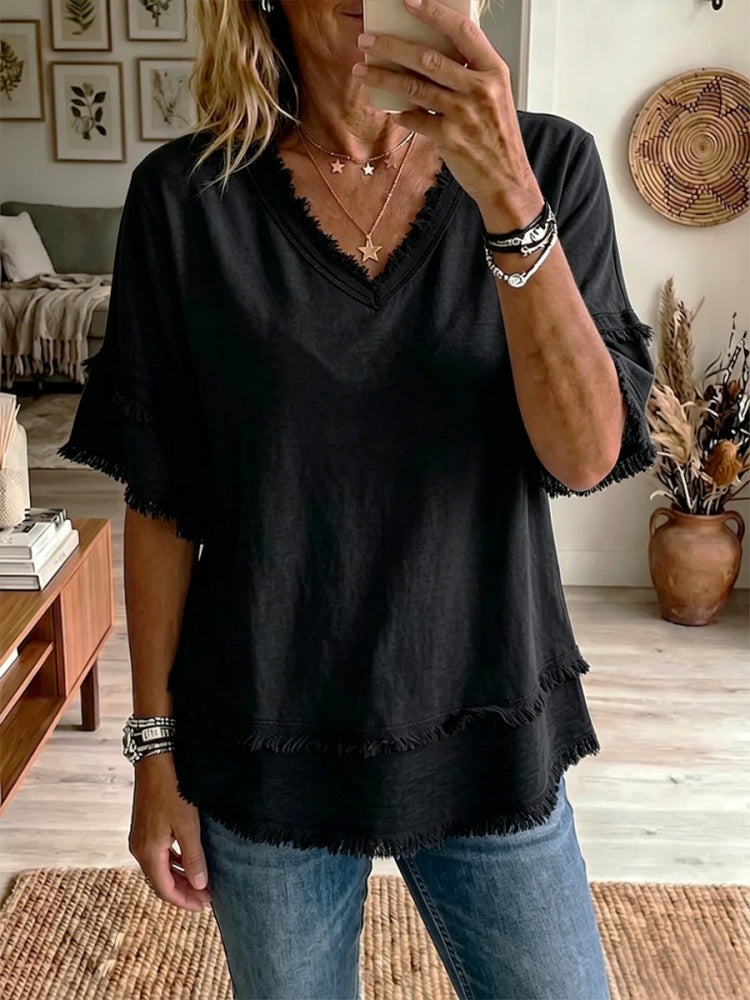 Sara | Vintage Frayed V-Neck Linen Top