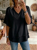 Sara | Vintage Frayed V-Neck Linen Top