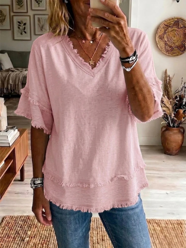 Sara | Vintage Frayed V-Neck Linen Top